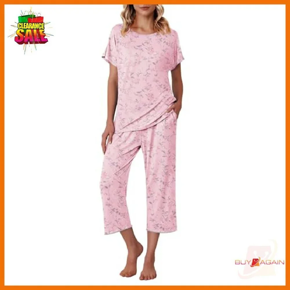 Soft Capri Pajama Set with Pocket, Short Sleeve Sleepwear, Loungewear - Picture 2 of 5